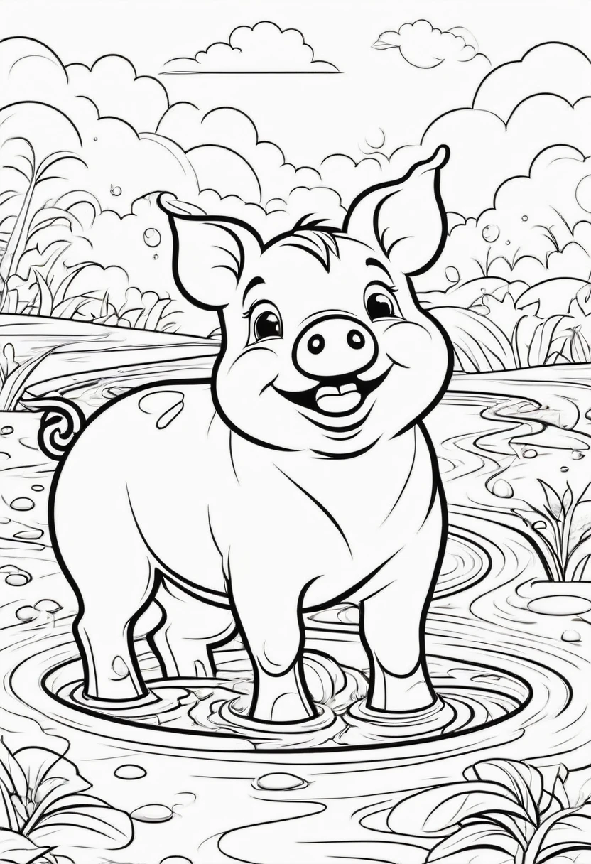 coloring page for kids, Happy pig playing in the mud, cartoon style, thick lines