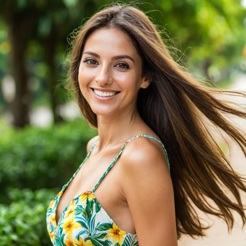 Beautiful woman from brazil, realistic eyes, realistic face, slim face, long brown hair, 30 years old, model, smiling, special camera angle, sexy summer dress, summer day