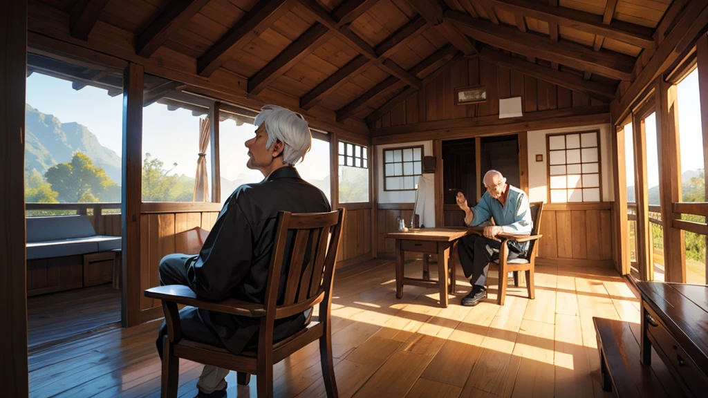 a patient man, with serene expression on a chair in a wooden house.