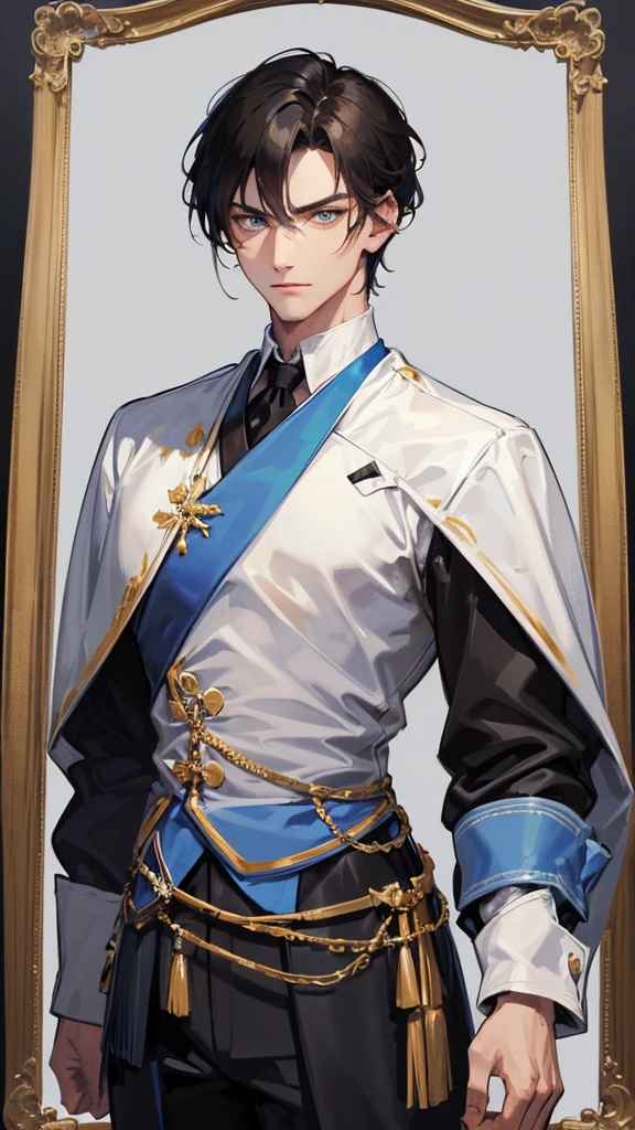 Man with loose and short black hair, blue eyes, sharp jaw, elegant in royal duke clothes. muscled body, 28 years old. handsome, serious
