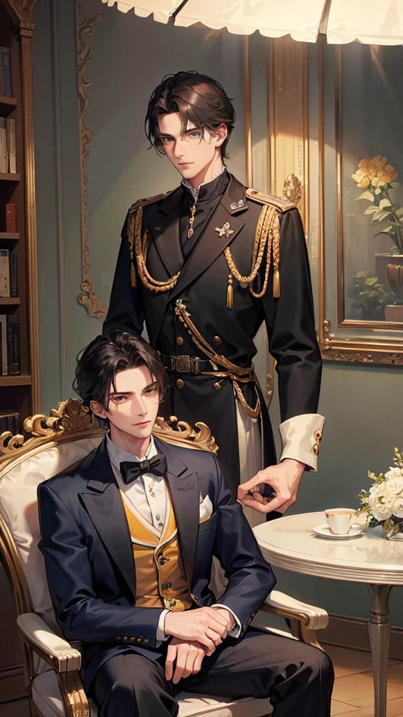 Man with loose and short black hair, blue eyes, sharp jaw, elegant in royal duke clothes. muscled body, 28 years old. handsome, serious