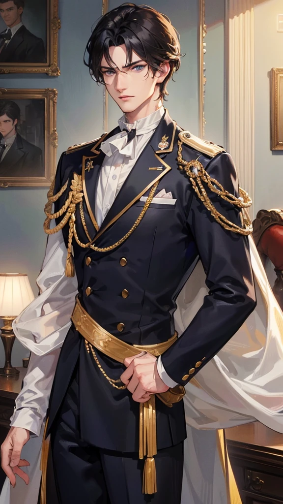 Man with loose and short black hair, blue eyes, sharp jaw, elegant in royal duke clothes. muscled body, 28 years old. handsome, serious