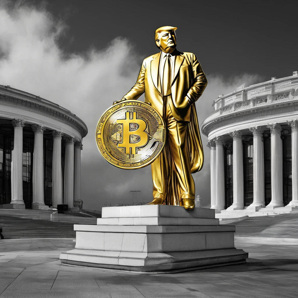 I want a stoic golden Donald Trump sculpture with black and white background. The image should focus on Donald Trump holding bitcoin coin . Must be a full body sculpture with walls or buildings in the background..