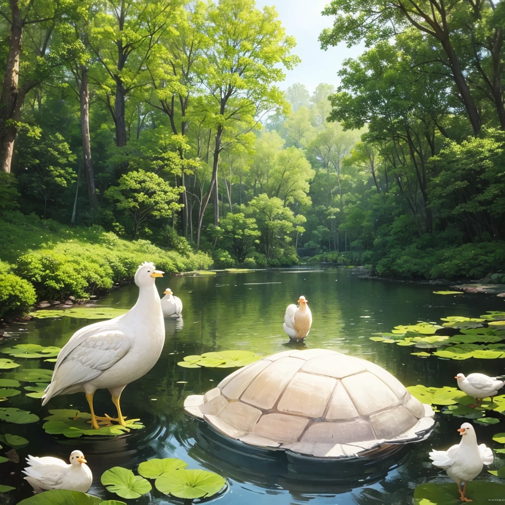 In big pond who in forest and near the pond a tortoise and two white chickens, they stand near the pond