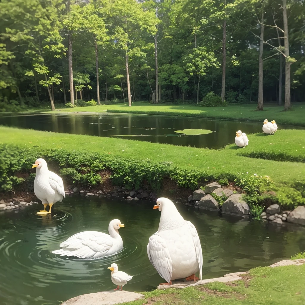 In big pond who in forest and near the pond a tortoise and two white chickens, they stand near the pond