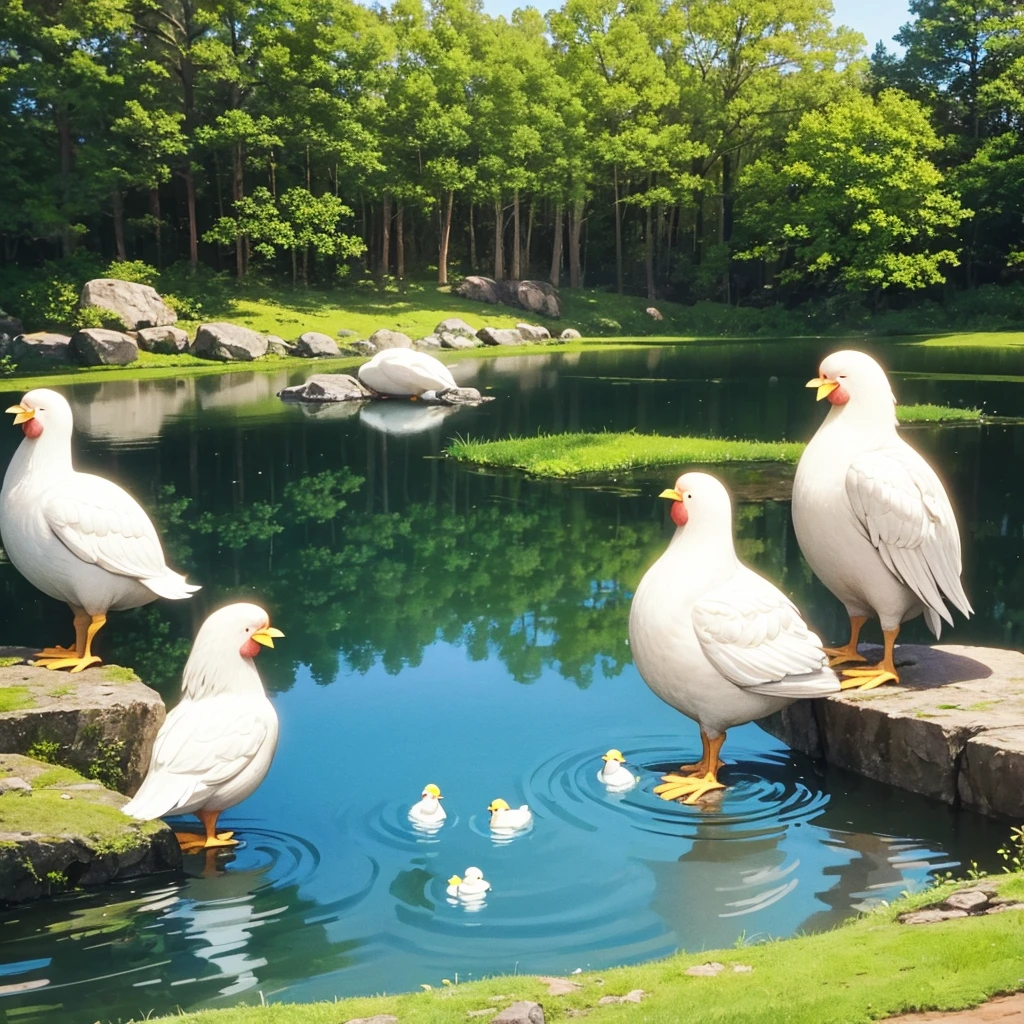 In big pond who in forest and near the pond a tortoise and two white chickens, they stand near the pond
