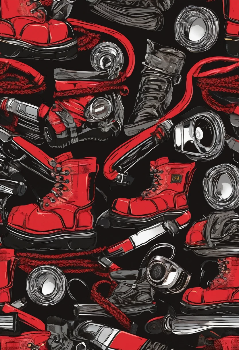 A captivating and vibrant illustration of a capacete de bombeiro florestal Red Tytan Max com óculos de proteção e botas de bombeiro Jolly intertwined with dynamic western-style patterns. The capacete de bombeiro florestal Red Tytan Max com óculos de proteção e botas de bombeiro Jolly intertwine with energetic lines, creating a sense of movement. The fan's water nozzle, hoses and ropes are integrated as structure details, adding a touch of authenticity. The background features a burning forest, a night with stars and moonlight adding a sense of movement and activity. The text “Dia Nacional do Bombeiro” is prominently displayed in a modern, legible and detailed font, perfectly integrated into the design. The overall layout is isolated on a black background, creating a visually appealing and engaging design that effectively captures the spirit of the firefighter and the typography., illustration, typography, vibrant.