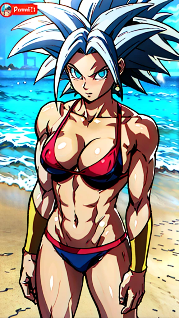 アニメ cel-shading Kefla, blue eyes, bikini, on the beach in ((anime + manga + comics + cartoon) style)