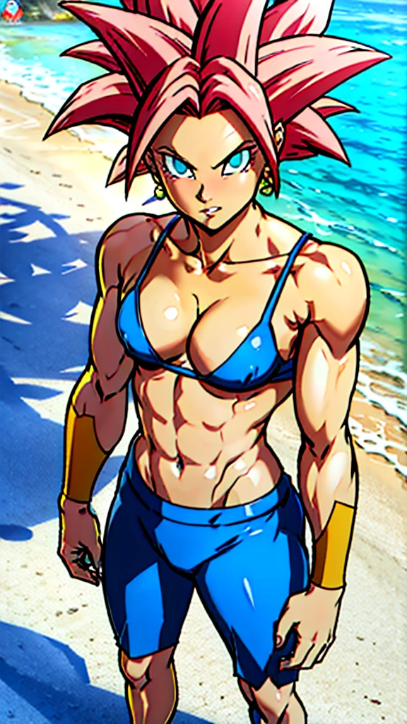 アニメ cel-shading Kefla, blue eyes, bikini, on the beach in ((anime + manga + comics + cartoon) style)