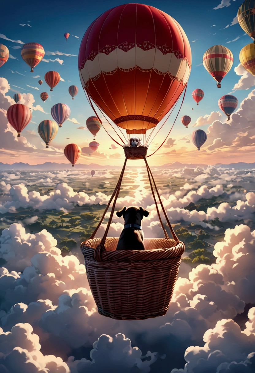 (Flying Puppy), motion blur, stands on the edge of the basket of a hot air balloon, directing the direction of the wind like a navigator, with its hair fluttering in the wind and firm eyes, leading the hot air balloon through the sea of ​​clouds, with the sea of ​​clouds and the hot air balloon in the background. Highlight the puppy's bravery and determination, full body, award-winning, cinematic still, emotional, vignette, dynamic, vivid, (masterpiece, best quality, Professional, perfect composition, very aesthetic, absurdres, ultra-detailed, intricate details:1.3)​