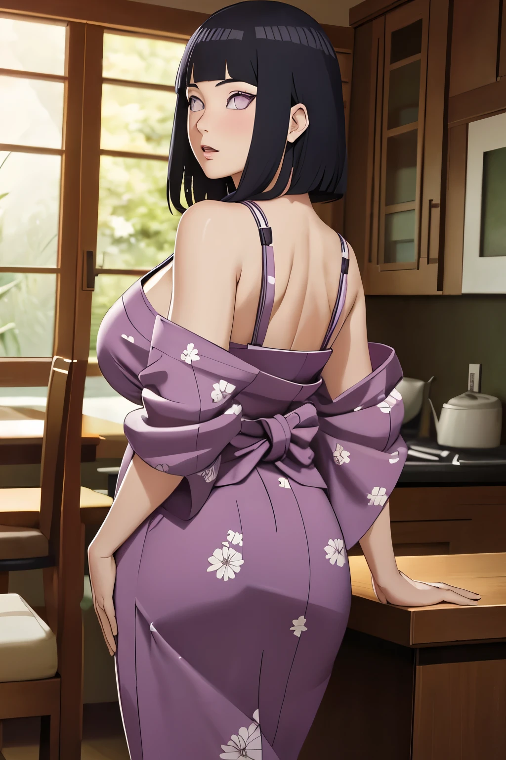 masterpiece, hinata\(boruto\), 1girl, solo, image from behind, mature female, goddess of beauty, image from behind, photo from behind, perfect hips, curvy waist, visible curves, beautiful kimono, looking at viewer, perfect composition, detailed lips, beautiful face, body propotion, blush, long hair, purple eyes, soft gaze, super realistic, detailed, photoshoot, realistic face and body, perfect hips