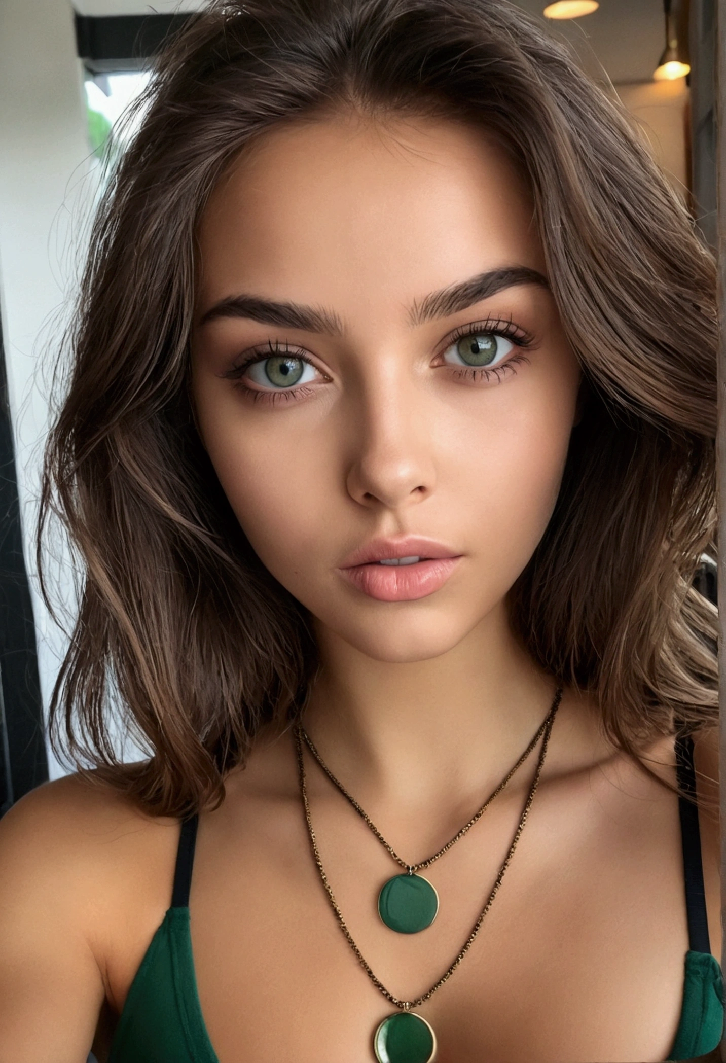 Arafed Femme un collier, Fille sexy aux yeux verts, peau bronzée, Portrait Sophie Mudd, cheveux bruns et grands yeux, selfie d'une jeune femme, yeux de la chambre, Violette Myers, sans maquillage, Maquillage naturel, regardant directement la caméra, Cara avec Artgram, maquillage subtil, Impresionante foto de corps entier, yeux verts perçants, bel angle, pose attrayante, Mignon , pose sexy, Image du corps entier, corps entier, séance photo sur tout le corps, déesse brune, Détail élevé, Pose satisfaite, pantalon en cuir, hispanic dans un café