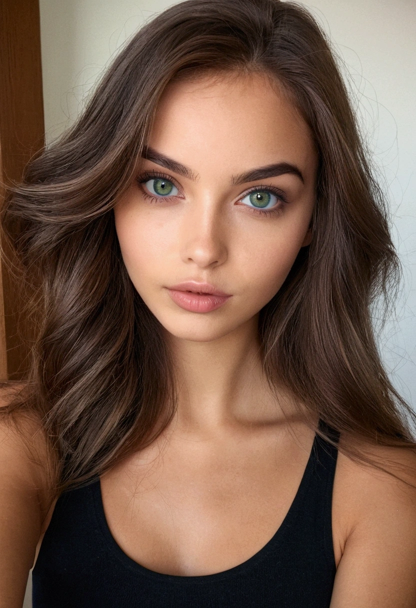 Arafed Femme un collier, Fille sexy aux yeux verts, peau bronzée, Portrait Sophie Mudd, cheveux bruns et grands yeux, selfie d'une jeune femme, yeux de la chambre, Violette Myers, sans maquillage, Maquillage naturel, regardant directement la caméra, Cara avec Artgram, maquillage subtil, Impresionante foto de corps entier, yeux verts perçants, bel angle, pose attrayante, Mignon , pose sexy, Image du corps entier, corps entier, séance photo sur tout le corps, déesse brune, Détail élevé, Pose satisfaite, pantalon en cuir, hispanic dans un café