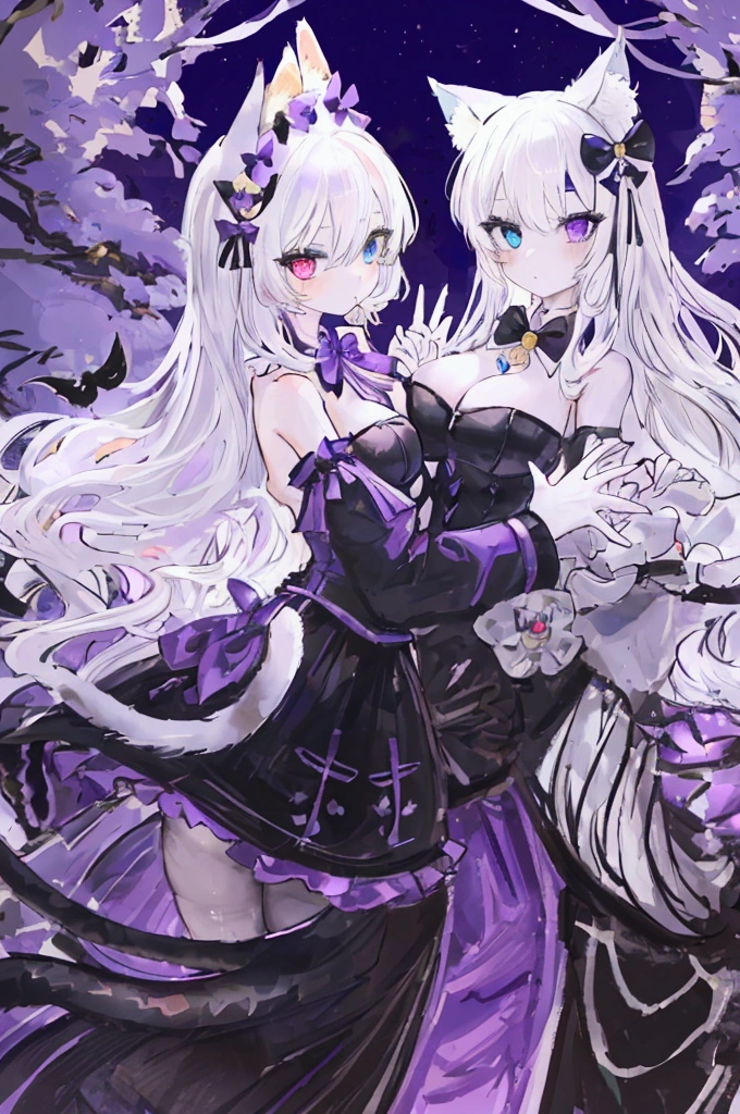masterpiece, Highest quality, extremely detailed, detailed background, detailed face, One girl, Animal ears, alone, Long Hair, dress, tail, Holding, lanthanum, Cat ear, Long sleeve, black dress, View your viewers, cat tail, Animal earsの毛, Grey Hair, Holding lanthanum, Cat girl, Purple eyes, hair ornaments, Have, Both sides up, Frills, Heterochromia iridis, bangs, blue eyes, Mouth closed, wave hands, Purple Background, Hair between the eyes, bow