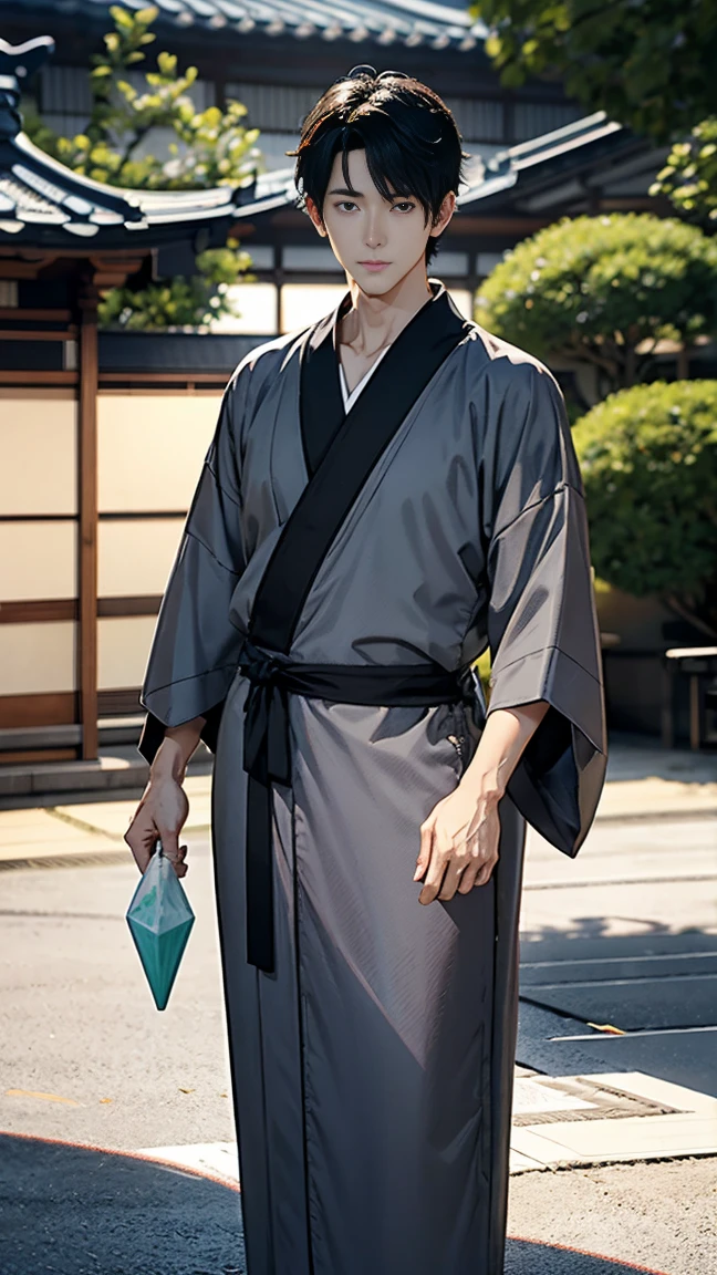 Japanese men、Black Hair、Short Hair、handsome man、30 years old、Handsome、Height: 180 cm、Wearing a gray yukata、Holding an ice lolly in his hand。