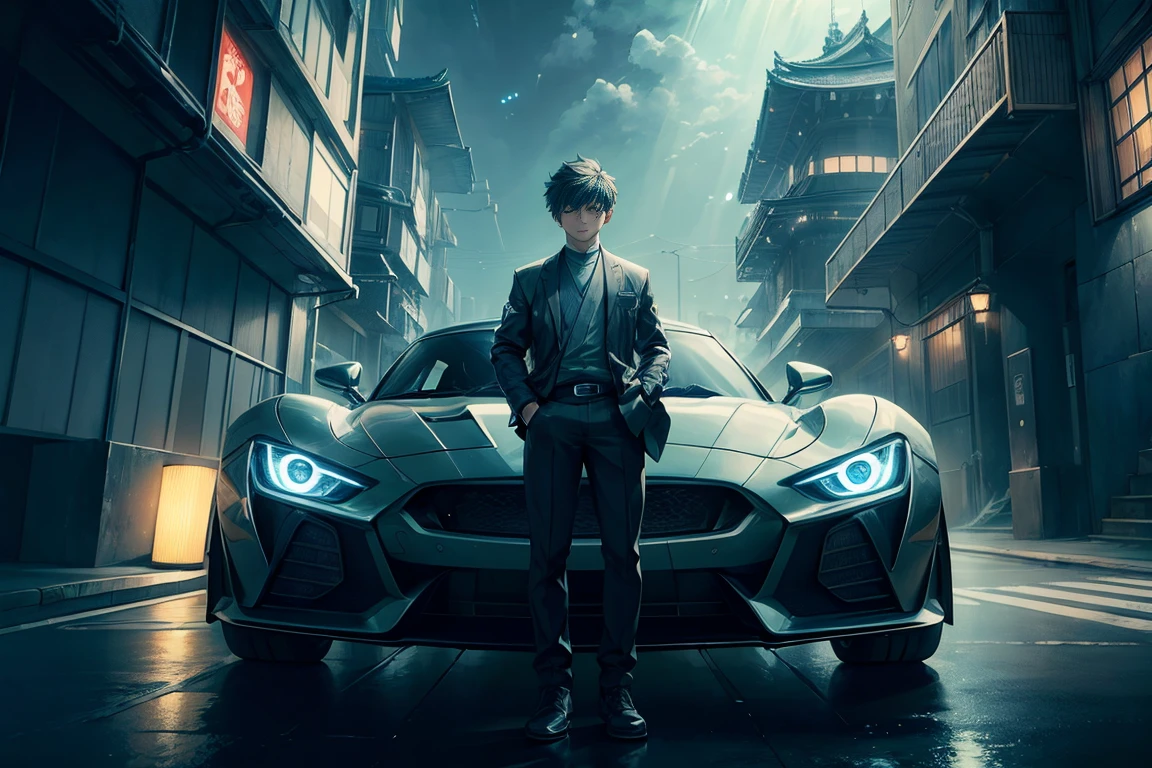 a boy in front of a sports car, city at night, japanese style, anime style, 8k, detailed, photorealistic, vibrant colors, dramatic lighting, atmospheric, cinematic, intricate background, complex architecture, clean lines, futuristic elements