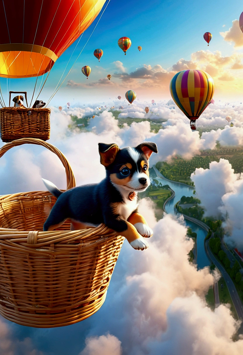 (Flying Puppy), motion blur, stands on the edge of the basket of a hot air balloon, directing the direction of the wind like a navigator, with its hair fluttering in the wind and firm eyes, leading the hot air balloon through the sea of ​​clouds, with the sea of ​​clouds and the hot air balloon in the background. Highlight the puppy's bravery and determination, full body, award-winning, cinematic still, emotional, vignette, dynamic, vivid, (masterpiece, best quality, Professional, perfect composition, very aesthetic, absurdres, ultra-detailed, intricate details:1.3)​, by Victo Ngai