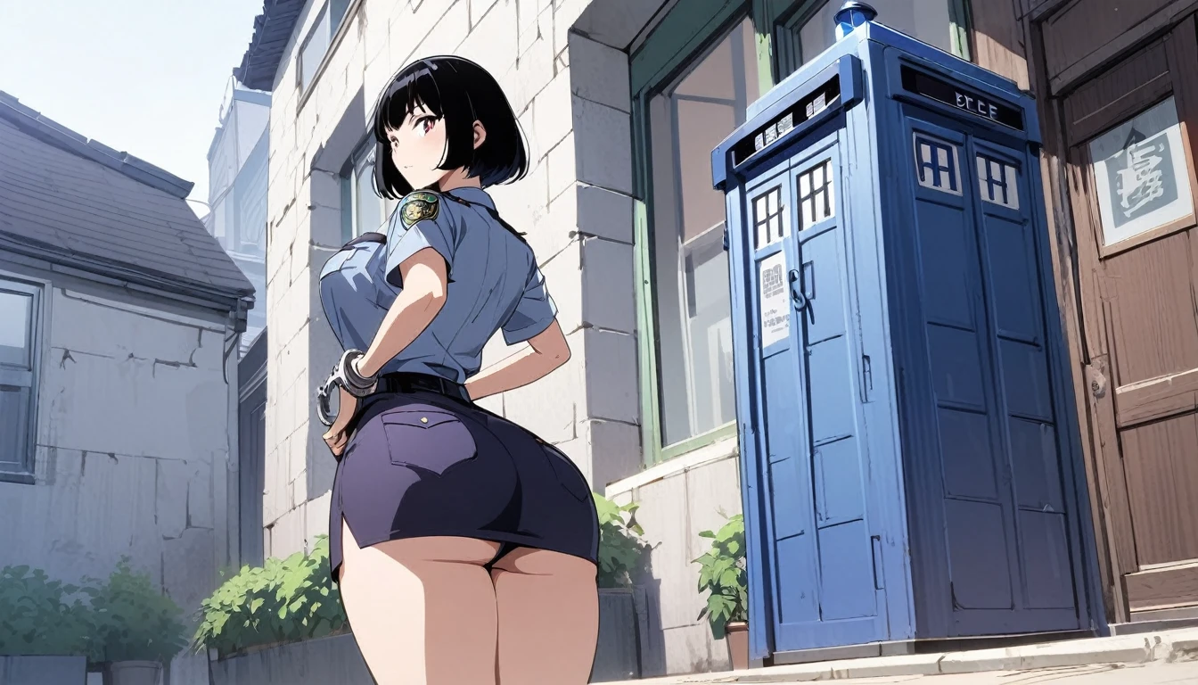 Anime Style,Girl,Are standing、slouch、policewoman,skirt,Black Hair、short hair,Large Breasts,Small waist,Big Ass,tall,Purple underwear with intricate patterns、police box、handcuffs