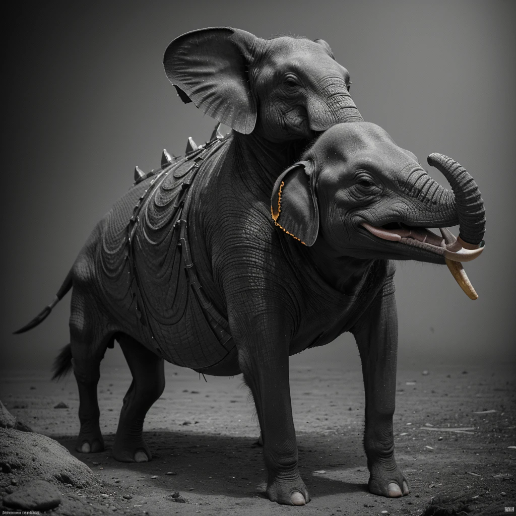 A captivating, high-contrast black and white photograph with striking red, green, and yellow accents. The image, captured by the talented André Uhlisch for National Geographic, features a vibrant, old fish with elephant legs, dressed in a glistening, elaborate costume. The fish is adorned with delicate fur arm prosthetics and dust leg prosthetics. In a post-apocalyptic style, the fish rides atop the head of a dog, adding an unexpected and surreal element to the composition.