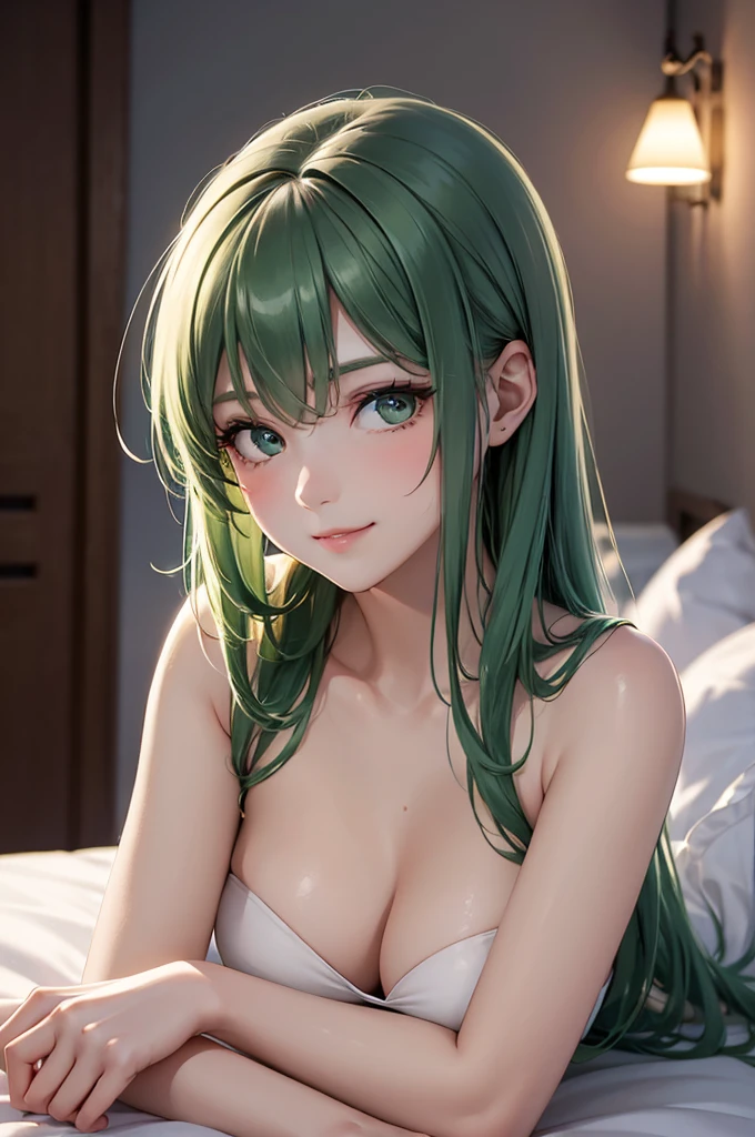 Best Quality,High resolution,8k,finelity detailed background,Masterpiece:1.2),beautiful girl,Shiny green hair,crossed bangs,Green Eyes,Gentle look,A refreshing look,smile,Best quality,Best Quality,Aesthetic and aesthetic:1.2,Best details((Super detailed))(High-definition CG illustrations),Dark grey underwear, (dark gray),Slender body,night,moon,Bedroom,On the bed,smile,blush,cute,Scrounge,Looking up,Being spoiled,super model,wariza,shoot from,below