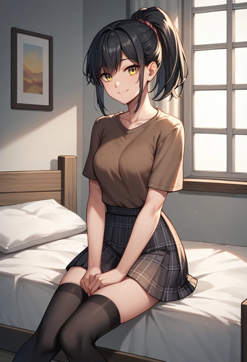 score_9, score_8_up, score_7_up, score_6_up, score_5_up, score_4_up, source_anime, 1girl, sit, smile, black hair, ponytail, yellow eyes, w-w-chain, handscuffs, arms, clean hair, brown shirt, plaid skirt, black stockings, room, bed, best quality, best res, 4K UHD,