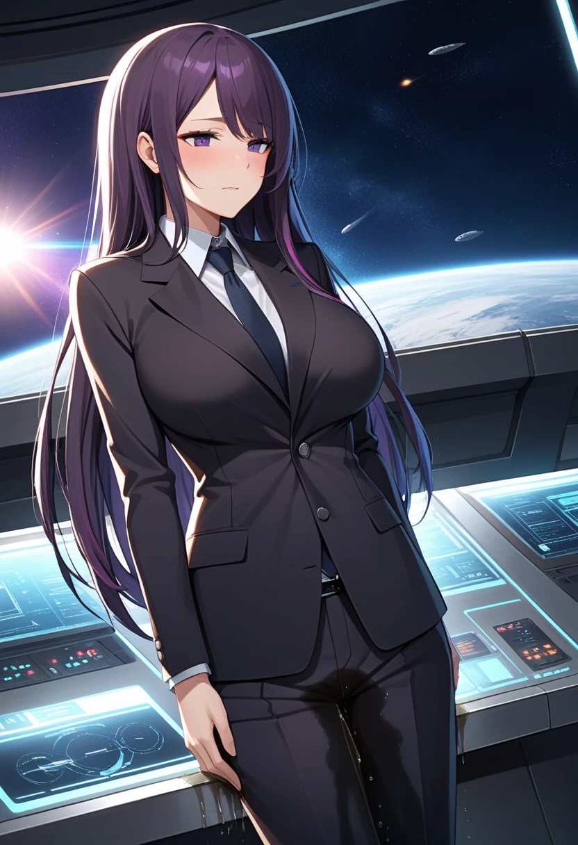 (high quality,Very detailed:1.37, High resolution), Woman, (mature:2.0), (Sakaki Yumiko:1.5), (very long hair:1.5), (dark purple hair:2.5), purple eyes, huge breasts, tuxedo, necktie, (sunglasses:1.5), (pants:1.5), (wetting herself:2.0), standing, embarrassed, humiliation, (sweating:1.5), shaking, (trembling:1.5), (blushing:1.5), Meticulous details, (extremely detailed eyes:1.37), space station, interior, science fiction, futuristic