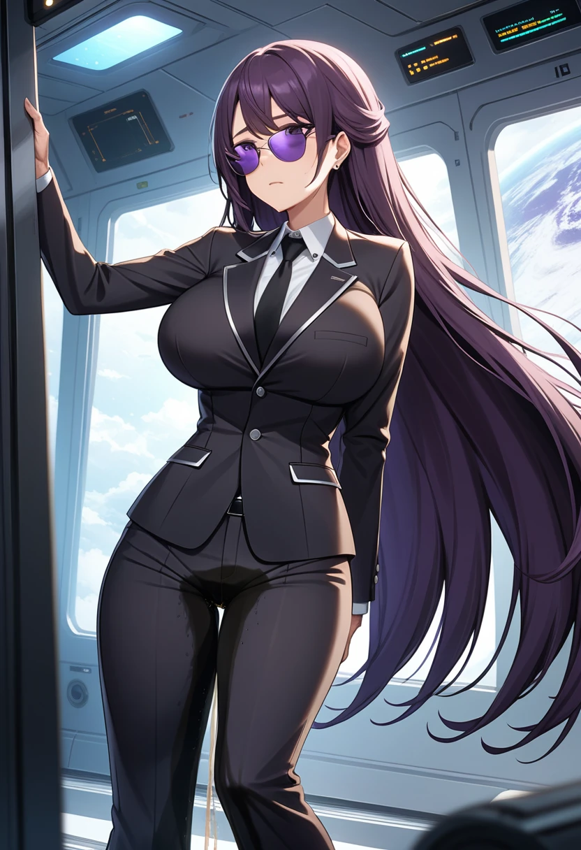 (high quality,Very detailed:1.37, High resolution), Woman, (mature:2.0), (Sakaki Yumiko:1.5), (very long hair:1.5), (dark purple hair:2.5), purple eyes, huge breasts, tuxedo, necktie, (sunglasses:1.5), (pants:1.5), (wetting herself:2.0), standing, embarrassed, humiliation, (sweating:1.5), shaking, (trembling:1.5), (blushing:1.5), Meticulous details, (extremely detailed eyes:1.37), space station, interior, science fiction, futuristic