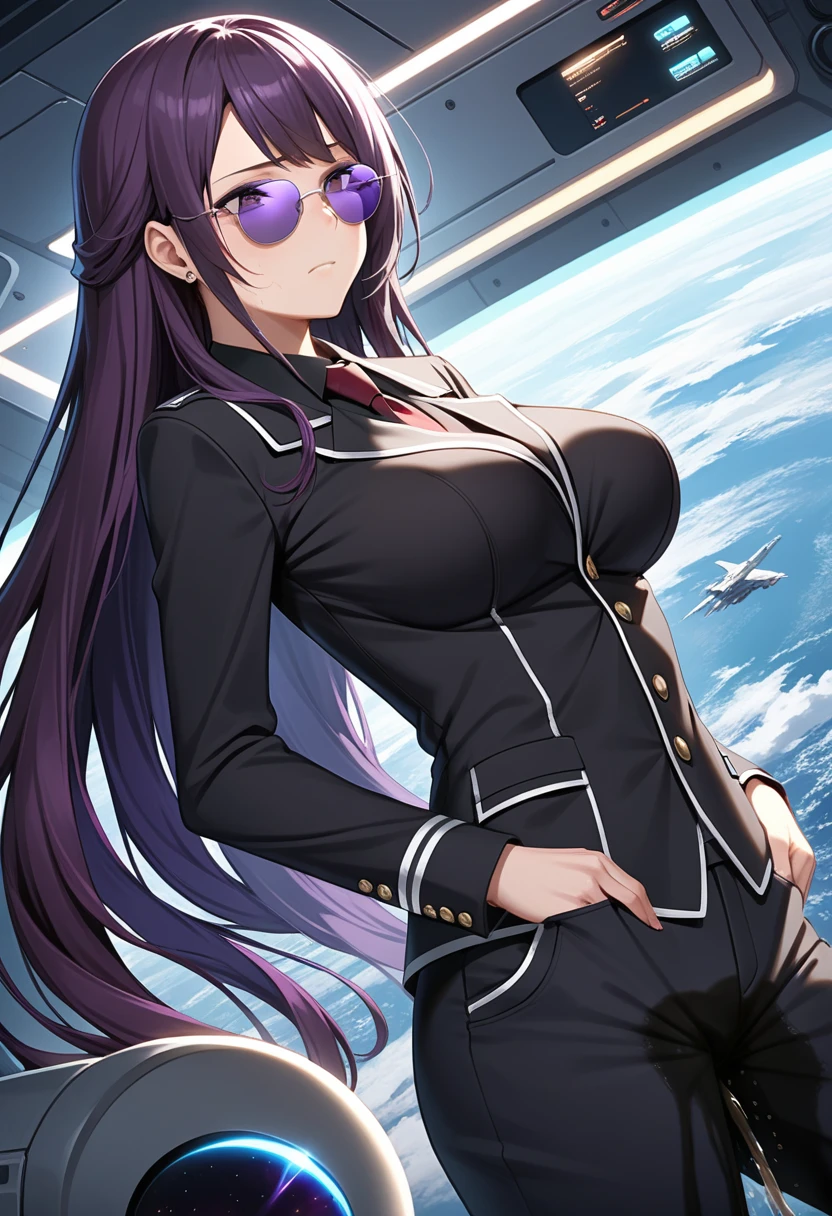 (high quality,Very detailed:1.37, High resolution), Woman, (mature:2.0), (Sakaki Yumiko:1.5), (very long hair:1.5), (dark purple hair:2.5), purple eyes, huge breasts, tuxedo, necktie, (sunglasses:1.5), (pants:1.5), (wetting herself:2.0), standing, embarrassed, humiliation, (sweating:1.5), shaking, (trembling:1.5), (blushing:1.5), Meticulous details, (extremely detailed eyes:1.37), space station, interior, science fiction, futuristic