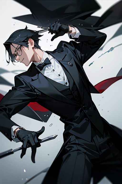 male、male性、Glasses、大柄のmale、Slender、stylish、simple、Smart Movement、grace、perfection、beautiful、Butler、Tuxedo、gloves、battle、Hunting Cutlery、Darker、Wield a knife、kill、assassination、blood droplets、disposal