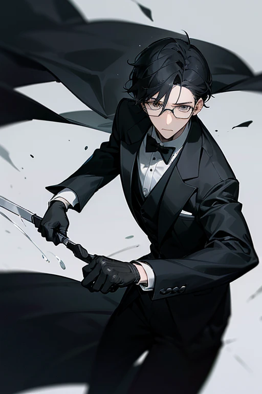 male、male性、Glasses、大柄のmale、Slender、stylish、simple、Smart Movement、grace、perfection、beautiful、Butler、Tuxedo、gloves、battle、Hunting Cutlery、Darker、Wield a knife、kill、assassination、blood droplets、disposal