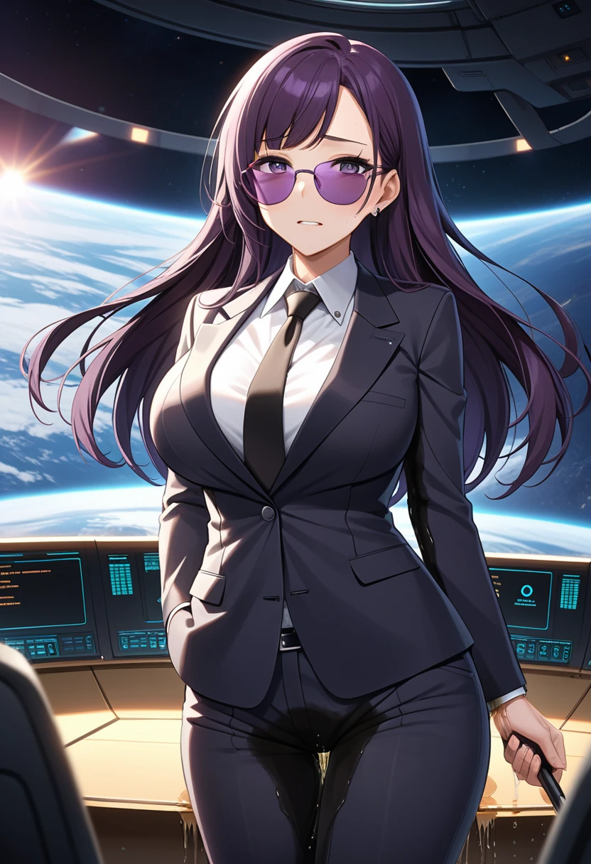 (high quality,Very detailed:1.37, High resolution), Woman, (mature:2.0), (Sakaki Yumiko:1.5), (very long hair:1.5), (dark purple hair:2.5), purple eyes, huge breasts, tuxedo, necktie, (sunglasses:1.5), (pants:1.5), (wetting herself:2.0), standing, embarrassed, humiliation, (sweating:1.5), shaking, (trembling:1.5), (blushing:1.5), Meticulous details, (extremely detailed eyes:1.37), space station, interior, science fiction, futuristic