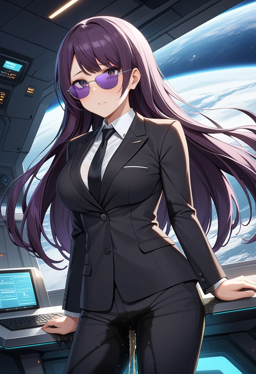 (high quality,Very detailed:1.37, High resolution), Woman, (mature:2.0), (Sakaki Yumiko:1.5), (very long hair:1.5), (dark purple hair:2.5), purple eyes, huge breasts, tuxedo, necktie, (sunglasses:1.5), (pants:1.5), (wetting herself:2.0), standing, embarrassed, humiliation, (sweating:1.5), shaking, (trembling:1.5), (blushing:1.5), Meticulous details, (extremely detailed eyes:1.37), space station, interior, science fiction, futuristic