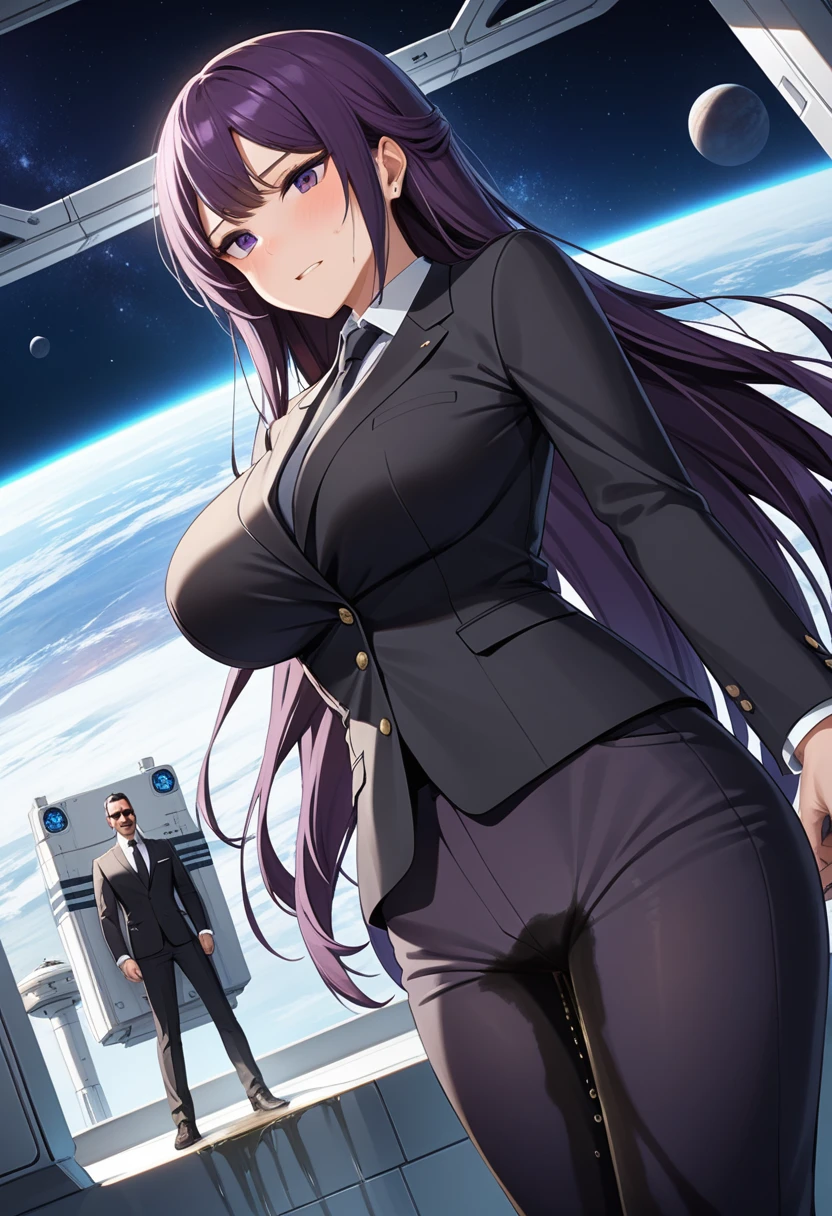 (high quality,Very detailed:1.37, High resolution), Woman, (mature:2.0), (Sakaki Yumiko:1.5), (very long hair:1.5), (dark purple hair:2.5), purple eyes, huge breasts, tuxedo, necktie, (sunglasses:1.5), (pants:1.5), (wetting herself:2.0), standing, embarrassed, humiliation, (sweating:1.5), shaking, (trembling:1.5), (blushing:1.5), Meticulous details, (extremely detailed eyes:1.37), space station, interior, science fiction, futuristic