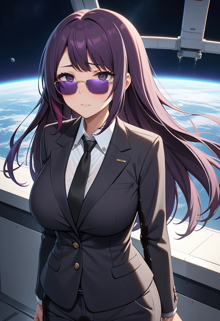 (high quality,Very detailed:1.37, High resolution), Woman, (mature:2.0), (Sakaki Yumiko:1.5), (very long hair:1.5), (dark purple hair:2.5), purple eyes, huge breasts, tuxedo, necktie, (sunglasses:1.5), (pants:1.5), (wetting herself:2.0), standing, embarrassed, humiliation, (sweating:1.5), shaking, (trembling:1.5), (blushing:1.5), Meticulous details, (extremely detailed eyes:1.37), space station, interior, science fiction, futuristic