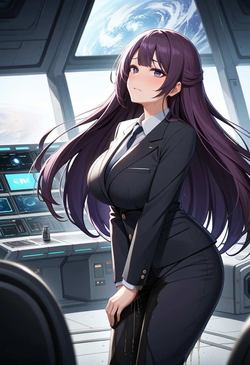 (high quality,Very detailed:1.37, High resolution), Woman, (mature:2.0), (Sakaki Yumiko:1.5), (very long hair:1.5), (dark purple hair:2.5), purple eyes, huge breasts, tuxedo, necktie, (sunglasses:1.5), (pants:1.5), (wetting herself:2.0), standing, embarrassed, humiliation, (sweating:1.5), shaking, (trembling:1.5), (blushing:1.5), Meticulous details, (extremely detailed eyes:1.37), space station, interior, science fiction, futuristic