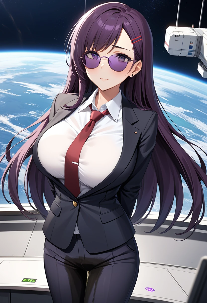 (high quality,Very detailed:1.37, High resolution), Woman, (mature:2.0), (Sakaki Yumiko:1.5), (very long hair:1.5), (dark purple hair:2.5), purple eyes, huge breasts, tuxedo, necktie, (sunglasses:1.5), (pants:1.5), (wetting herself:2.0), standing, embarrassed, humiliation, (sweating:1.5), shaking, (trembling:1.5), (blushing:1.5), Meticulous details, (extremely detailed eyes:1.37), space station, interior, science fiction, futuristic