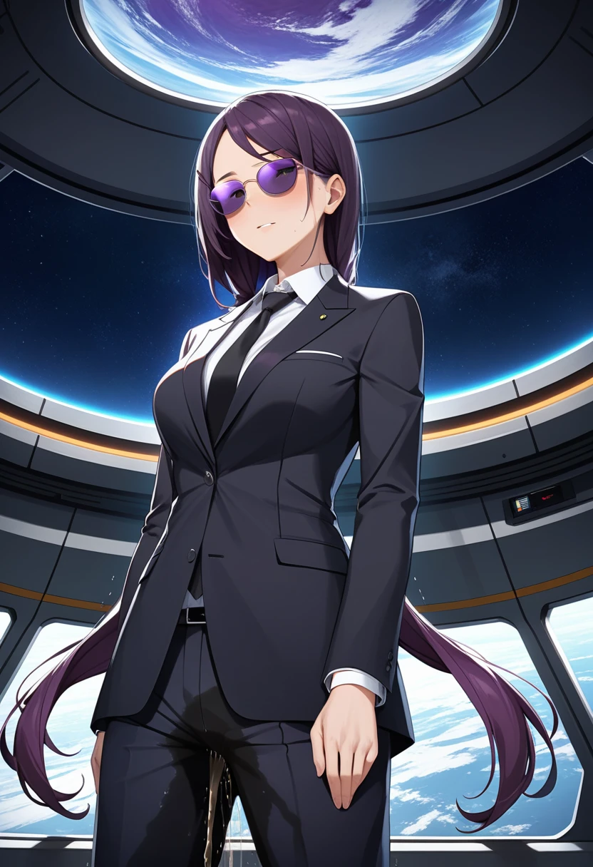 (high quality,Very detailed:1.37, High resolution), Woman, (mature:2.0), (Sakaki Yumiko:1.5), (very long hair:1.5), (dark purple hair:2.5), purple eyes, huge breasts, tuxedo, necktie, (sunglasses:1.5), (pants:1.5), (wetting herself:2.0), standing, embarrassed, humiliation, (sweating:1.5), shaking, (trembling:1.5), (blushing:1.5), Meticulous details, (extremely detailed eyes:1.37), space station, interior, science fiction, futuristic
