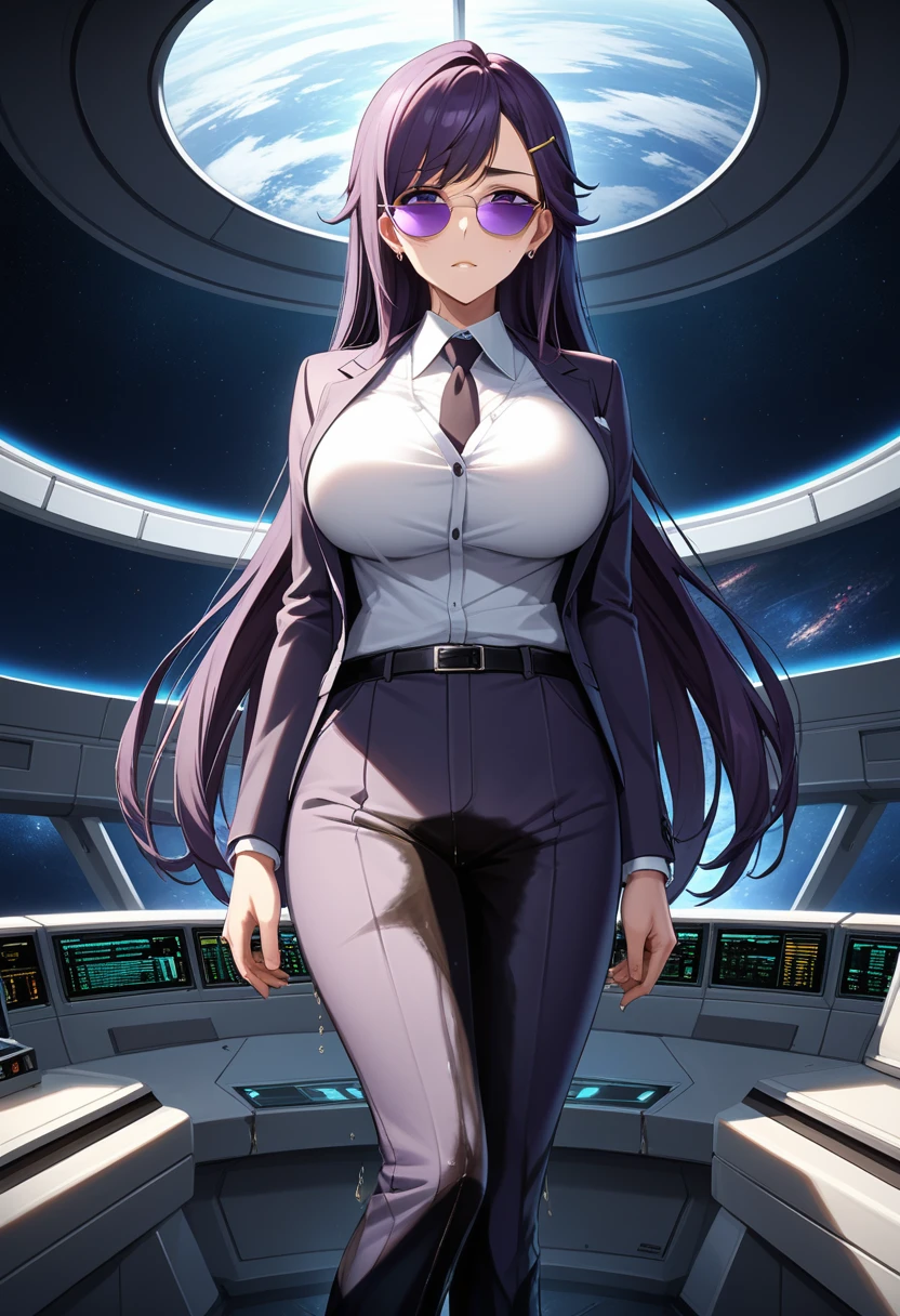 (high quality,Very detailed:1.37, High resolution), Woman, (mature:2.0), (Sakaki Yumiko:1.5), (very long hair:1.5), (dark purple hair:2.5), purple eyes, huge breasts, tuxedo, necktie, (sunglasses:1.5), (pants:1.5), (wetting herself:2.0), standing, embarrassed, humiliation, (sweating:1.5), shaking, (trembling:1.5), (blushing:1.5), Meticulous details, (extremely detailed eyes:1.37), space station, interior, science fiction, futuristic