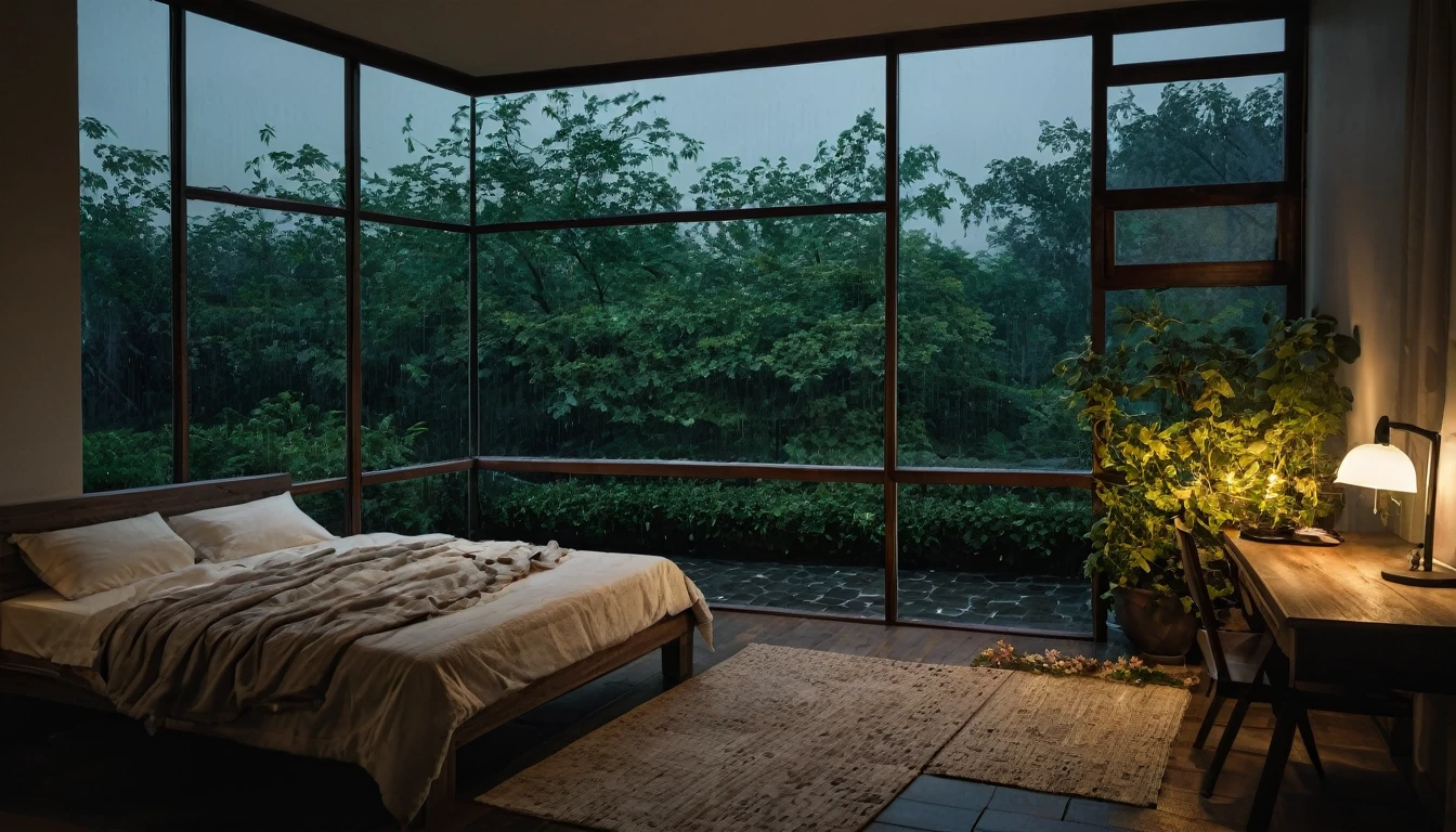 The picture shows a cozy gloomy bedroom, with a large window offering a view of a beautiful, dimly lit garden AND a garden soaked in FLOWERS, the cobblestones of the Japanese house concept. CINEMATIC, JAPANESE HOUSE, the shape of a Japanese house, and lots of flower gardens in the garden. The bed was unmade with rumpled sheets, indicating only a light sleep. the room is dark, gloomy, looks dim, gloomy. Beside the bed there is a small table with a classic lamp that radiates warm light into the room. Outside the window you can see the lush greenery of the terrace or balcony area, the rain is falling, the lamp on the left provides warm lighting, creating a calm and peaceful atmosphere. with fog obscuring part of the view in the distance. The contrast between the warmth indoors and the rain outdoors creates an inviting and calming atmosphere