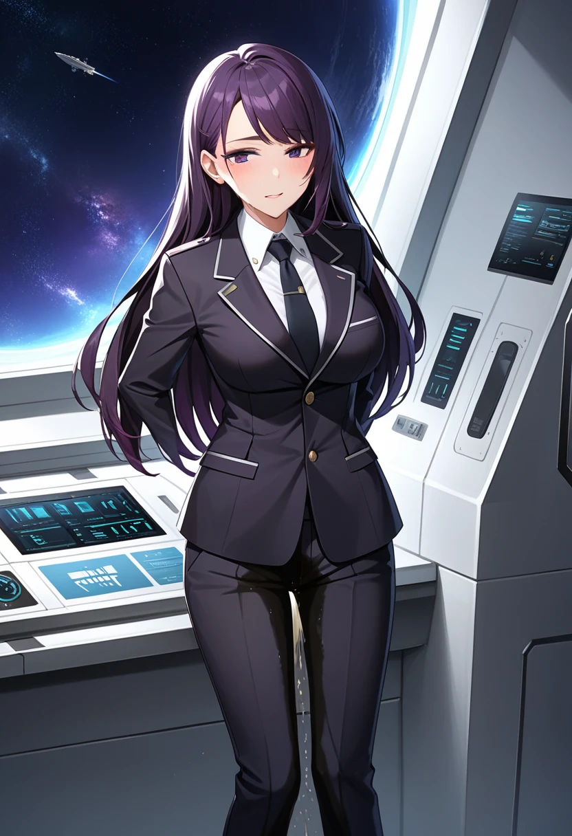 (high quality,Very detailed:1.37, High resolution), Woman, (mature:2.0), (Sakaki Yumiko:1.5), (very long hair:1.5), (dark purple hair:2.5), purple eyes, huge breasts, tuxedo, necktie, (sunglasses:1.5), (pants:1.5), (wetting herself:2.0), standing, embarrassed, humiliation, (sweating:1.5), shaking, (trembling:1.5), (blushing:1.5), Meticulous details, (extremely detailed eyes:1.37), space station, interior, science fiction, futuristic