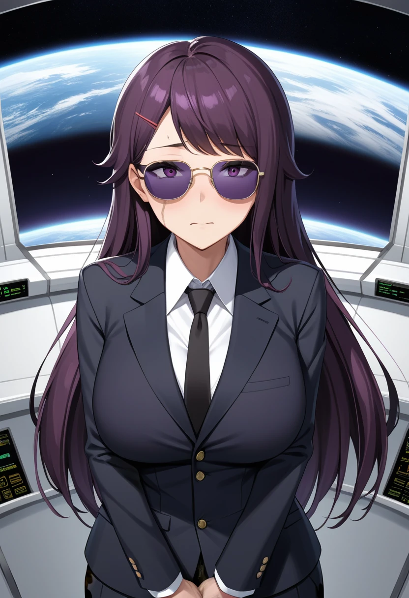 (high quality,Very detailed:1.37, High resolution), Woman, (mature:2.0), (Sakaki Yumiko:1.5), (very long hair:1.5), (dark purple hair:2.5), purple eyes, huge breasts, tuxedo, necktie, (sunglasses:1.5), (pants:1.5), (wetting herself:2.0), standing, embarrassed, humiliation, (sweating:1.5), shaking, (trembling:1.5), (blushing:1.5), Meticulous details, (extremely detailed eyes:1.37), space station, interior, science fiction, futuristic