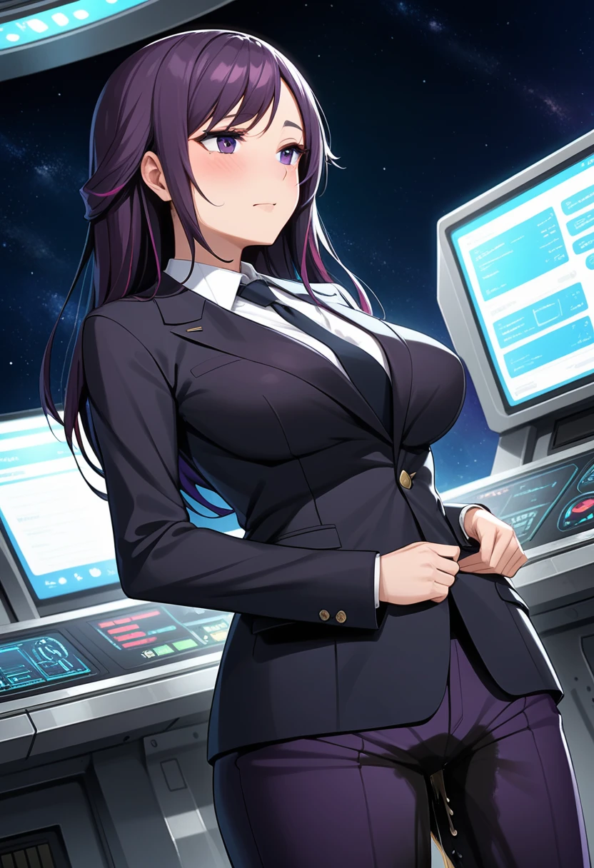 (high quality,Very detailed:1.37, High resolution), Woman, (mature:2.0), (Sakaki Yumiko:1.5), (very long hair:1.5), (dark purple hair:2.5), purple eyes, huge breasts, tuxedo, necktie, (sunglasses:1.5), (pants:1.5), (wetting herself:2.0), standing, embarrassed, humiliation, (sweating:1.5), shaking, (trembling:1.5), (blushing:1.5), Meticulous details, (extremely detailed eyes:1.37), space station, interior, science fiction, futuristic