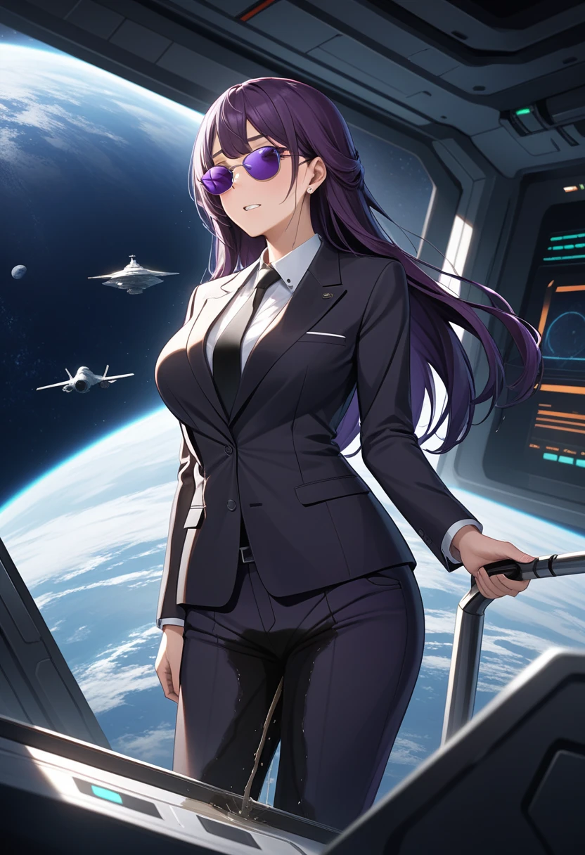 (high quality,Very detailed:1.37, High resolution), Woman, (mature:2.0), (Sakaki Yumiko:1.5), (very long hair:1.5), (dark purple hair:2.5), purple eyes, ????????????, tuxedo, necktie, (sunglasses:1.5), (pants:1.5), (wetting herself:2.0), standing, embarrassed, humiliation, (sweating:1.5), shaking, (trembling:1.5), (blushing:1.5), Meticulous details, (extremely detailed eyes:1.37), space station, interior, science fiction, futuristic