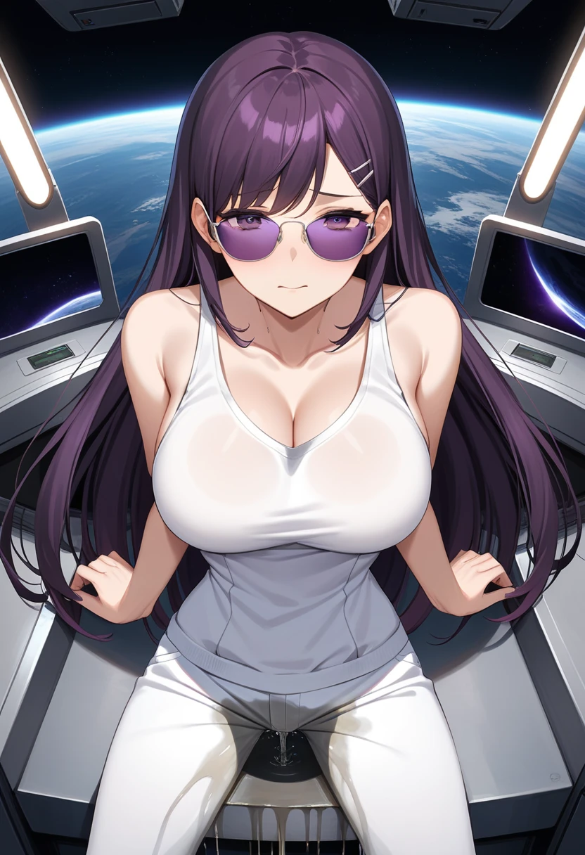 (high quality,Very detailed:1.37, High resolution), Woman, (mature:2.0), (Sakaki Yumiko:1.5), (very long hair:1.5), (dark purple hair:2.5), purple eyes, huge breasts, tuxedo, necktie, (sunglasses:1.5), (pants:1.5), (wetting herself:2.0), standing, embarrassed, humiliation, (sweating:1.5), shaking, (trembling:1.5), (blushing:1.5), Meticulous details, (extremely detailed eyes:1.37), space station, interior, science fiction, futuristic