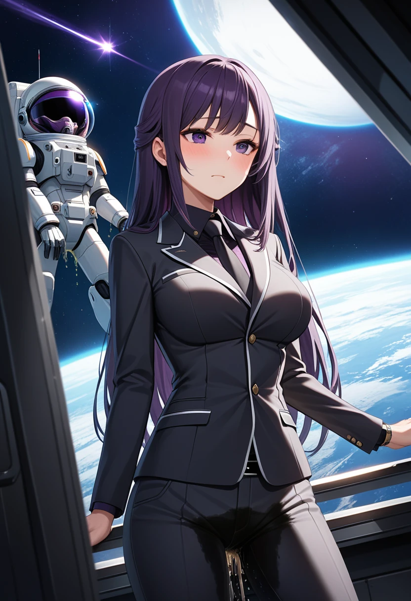 (high quality,Very detailed:1.37, High resolution), Woman, (mature:2.0), (Sakaki Yumiko:1.5), (very long hair:1.5), (dark purple hair:2.5), purple eyes, huge breasts, tuxedo, necktie, (sunglasses:1.5), (pants:1.5), (wetting herself:2.0), standing, embarrassed, humiliation, (sweating:1.5), shaking, (trembling:1.5), (blushing:1.5), Meticulous details, (extremely detailed eyes:1.37), space station, interior, science fiction, futuristic