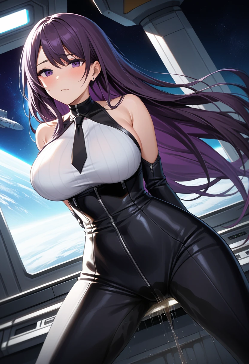 (high quality,Very detailed:1.37, High resolution), Woman, (mature:2.0), (Sakaki Yumiko:1.5), (very long hair:1.5), (dark purple hair:2.5), purple eyes, huge breasts, tuxedo, necktie, (sunglasses:1.5), (pants:1.5), (wetting herself:2.0), standing, embarrassed, humiliation, (sweating:1.5), shaking, (trembling:1.5), (blushing:1.5), Meticulous details, (extremely detailed eyes:1.37), space station, interior, science fiction, futuristic