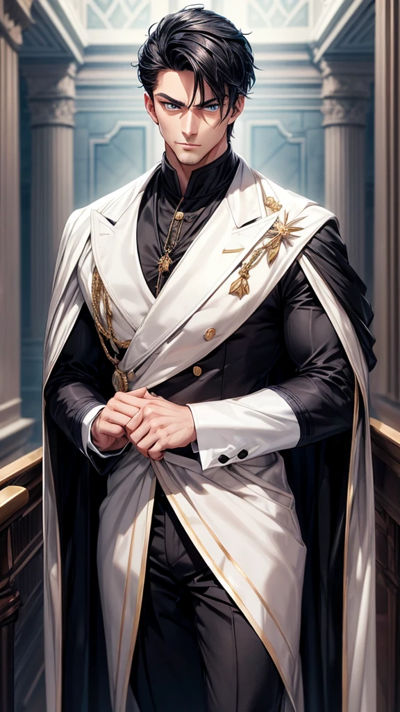 Man with loose and short black hair, blue eyes, sharp jaw, elegant in royal duke clothes. muscled body, 28 years old. handsome, serious