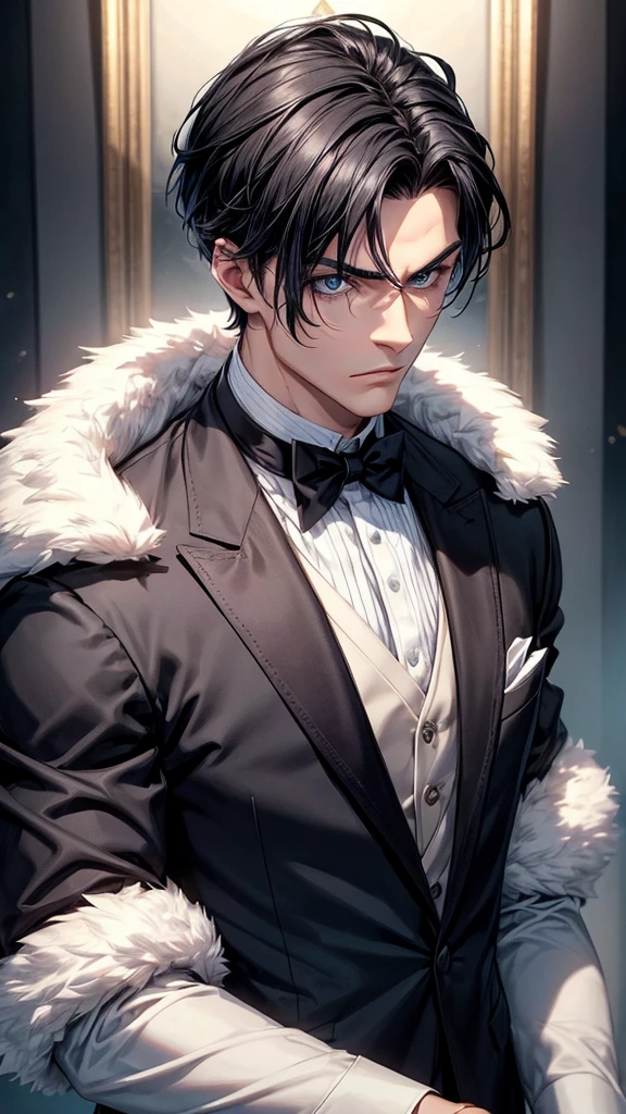 Man with loose and short black hair, blue eyes, sharp jaw, elegant in royal duke clothes. muscled body, 28 years old. handsome, serious