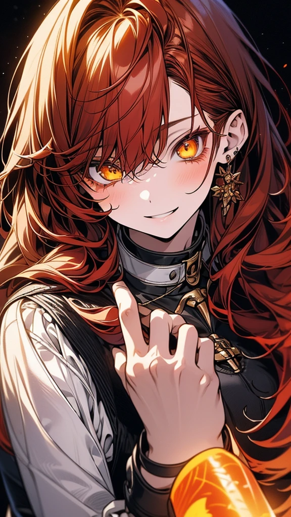 (Top resolution、Distinct_image)top-quality、(A girl) 、​masterpiece、highly detailed, half body, Semi-realistic、 ( amber eyes ) 、18year old,
 ( red hair ),(yellow inside) ,young , (orange inside), Facial features ,variation potrait, long  hair  , teenage, cool , cold sharp eyes, , {Very detailed 8k CG unit wallpaper}, students,  ,music club background, students 