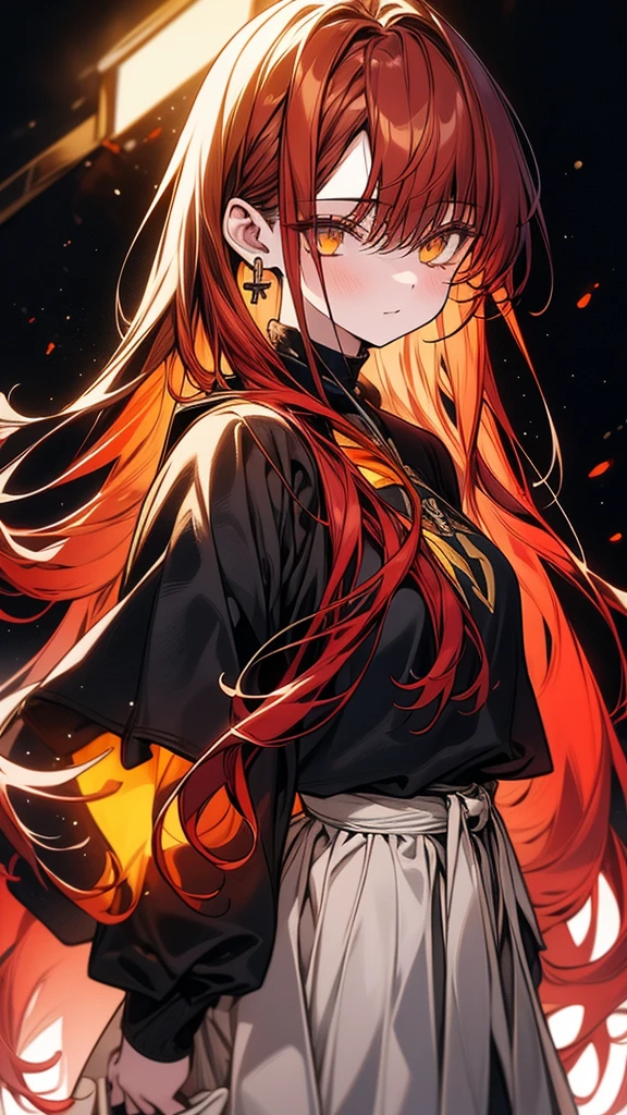 (Top resolution、Distinct_image)top-quality、(A girl) 、masterpiece、highly detailed, half body, Semi-realistic、 ( amber eyes ) 、18year old,
( red hair ),(yellow inside) ,young , (orange inside), Facial features ,variation potrait, long hair , teenage, cool , cold sharp eyes, , {Very detailed 8k CG unit wallpaper}, students, ,music club background, students